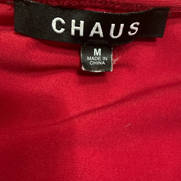 Chaus Red Gathered V-Neck Top 3/4 Sleeves Blouse with Black Rhinestones - Picture 3 of 5